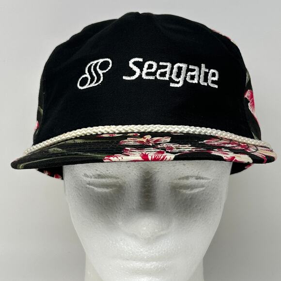 Vintage 80s Seagate Floral Hat Cap Computers Technology Hawaiian Snapback Black - Picture 2 of 9